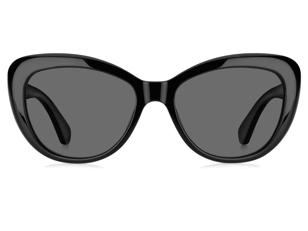 Black cat-eye sunglasses with dark lenses on a white background