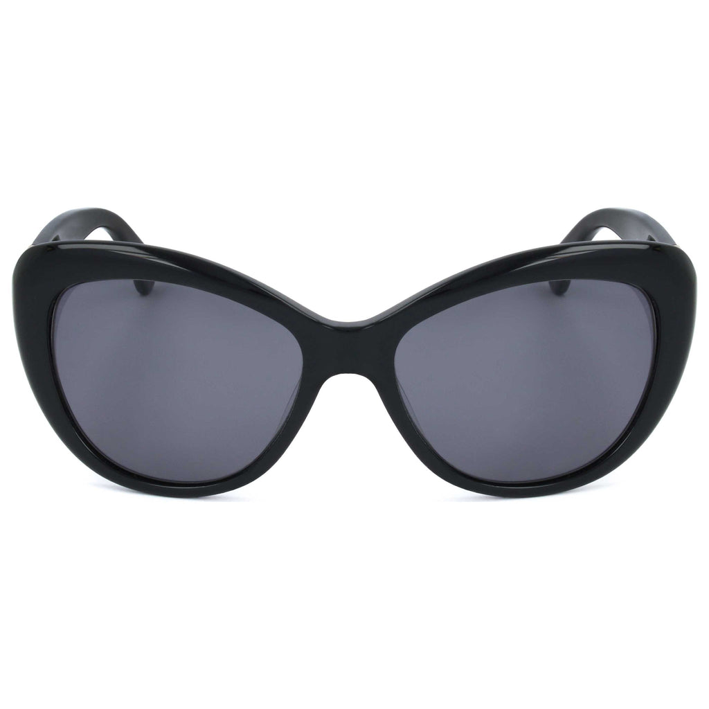 Black cat-eye sunglasses with dark lenses on a white background