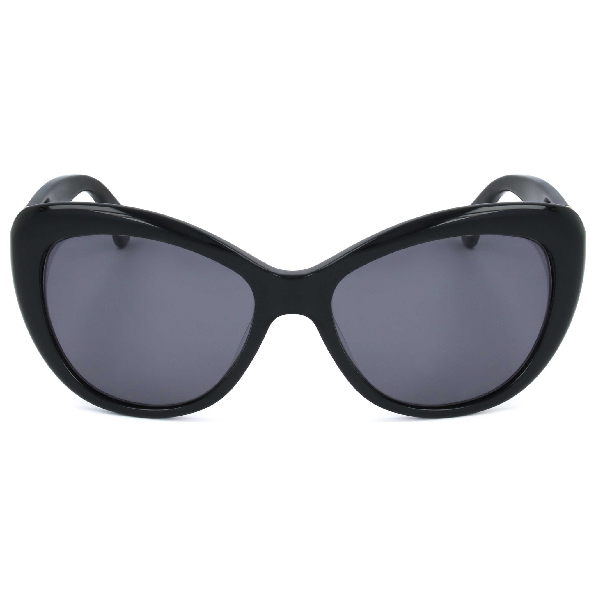Black cat-eye sunglasses with dark lenses on a white background